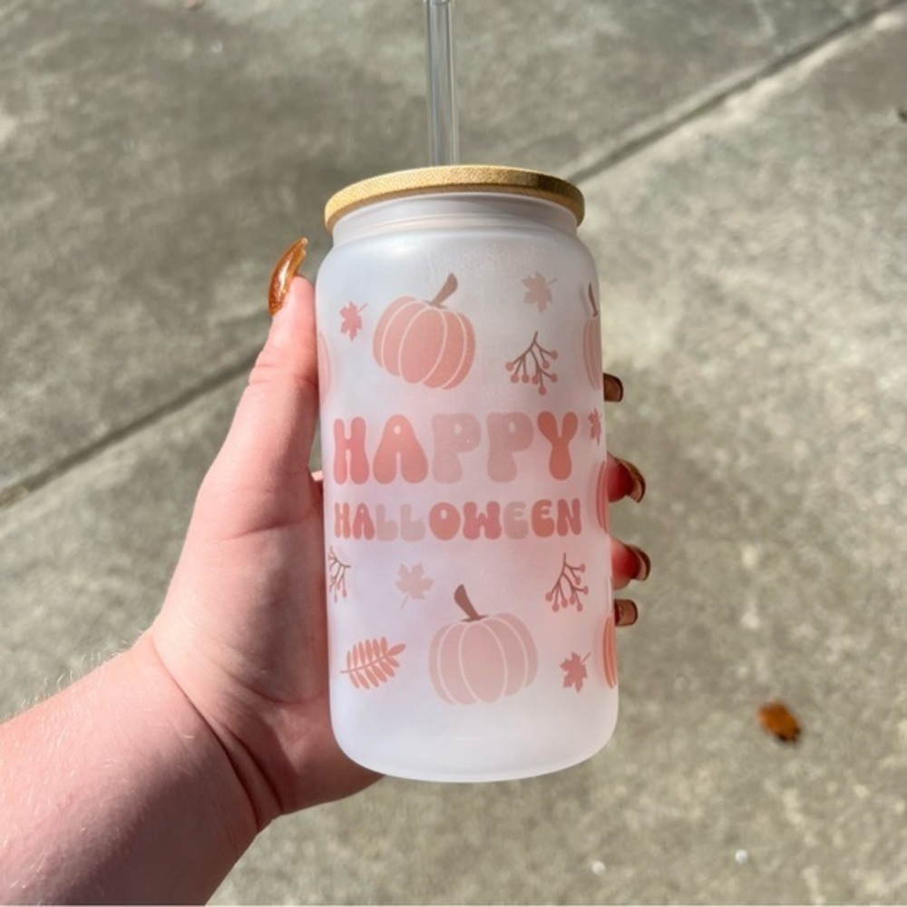 Handmade Happy Halloween 16oz Frosted Glass Cup